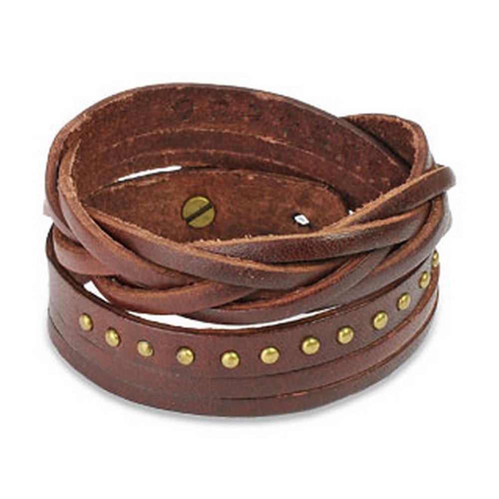 Bracelet cuir marron avec clous design fin tissé