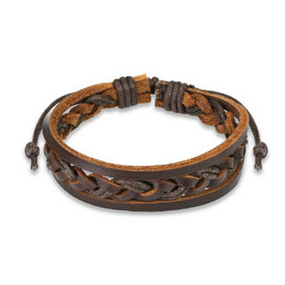 Bracelet cuir marron avec doubles cordes tissées  