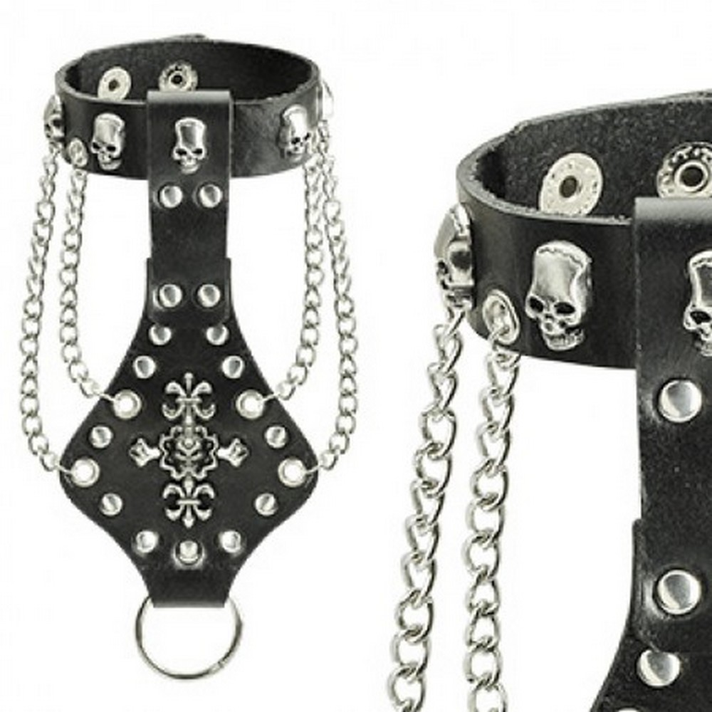 Bracelet en cuir noir avec Multi-Skull Charms, des chaînes, et la Fleur de Lis Croix  