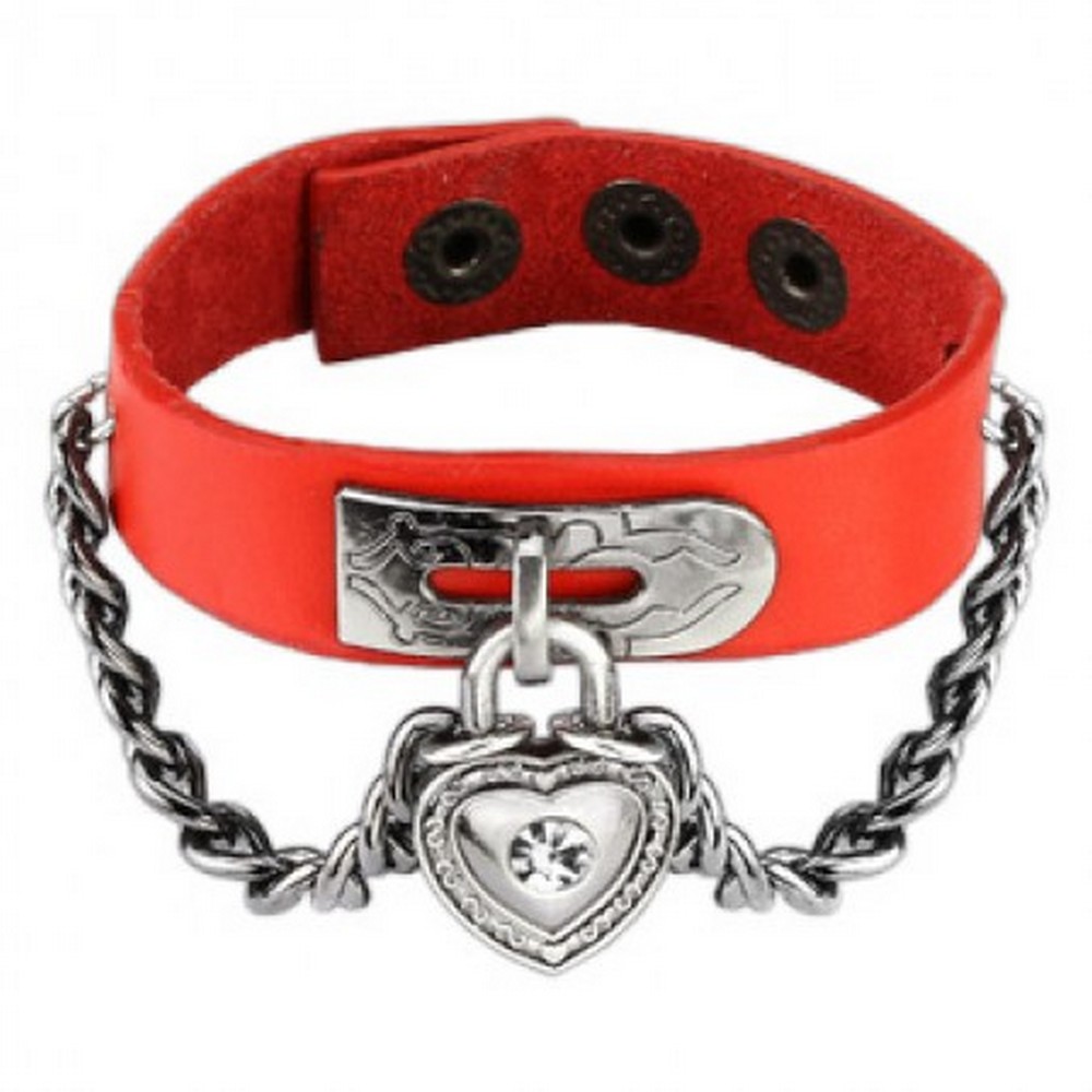 Bracelet en cuir rouge avec chaîne liée CZ Coeur  