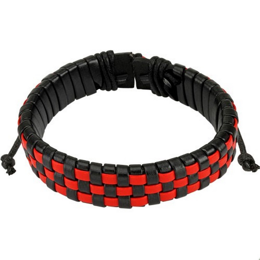 Bracelet en cuir avec lacets Noir et rouge  