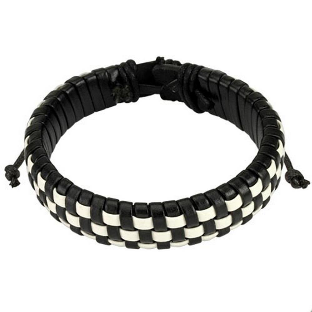 Bracelet cuir  noir et blanc Checker couches tissées avec cordon 