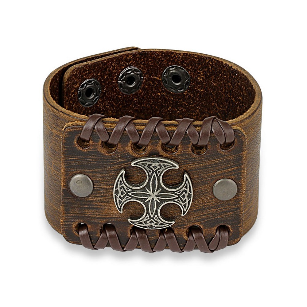 Bracelet en cuir Centre Croix celtique ronde réglable marron 
