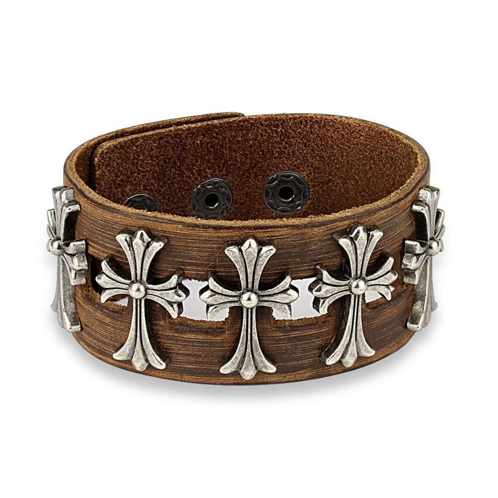 Bracelet en cuir centrée Cinq croix celtiques métal réglable marron 
