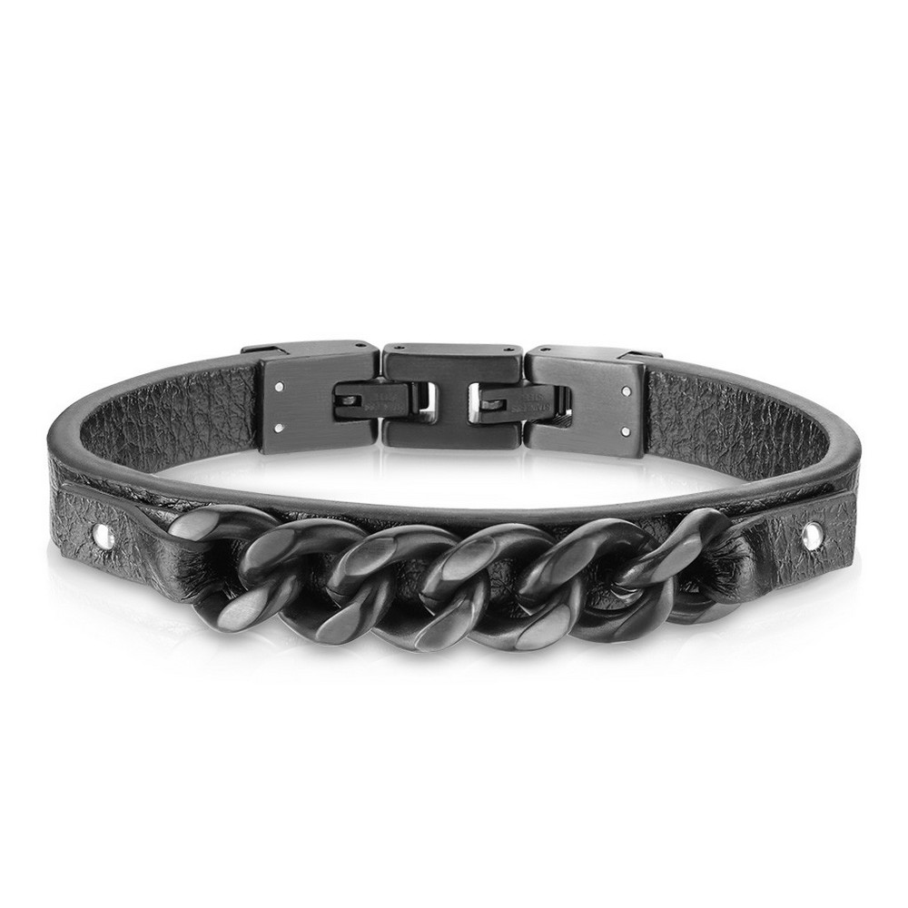 Bracelet télévision haute qualité micro noir en cuir noir mat de fibre et chaîne en acier inoxydable 