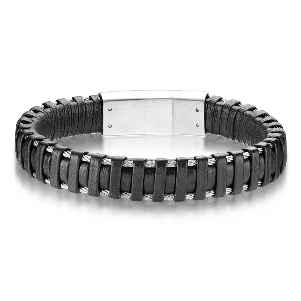 Bracelet noir de haute qualité en cuir de microfibres et en acier inoxydable 