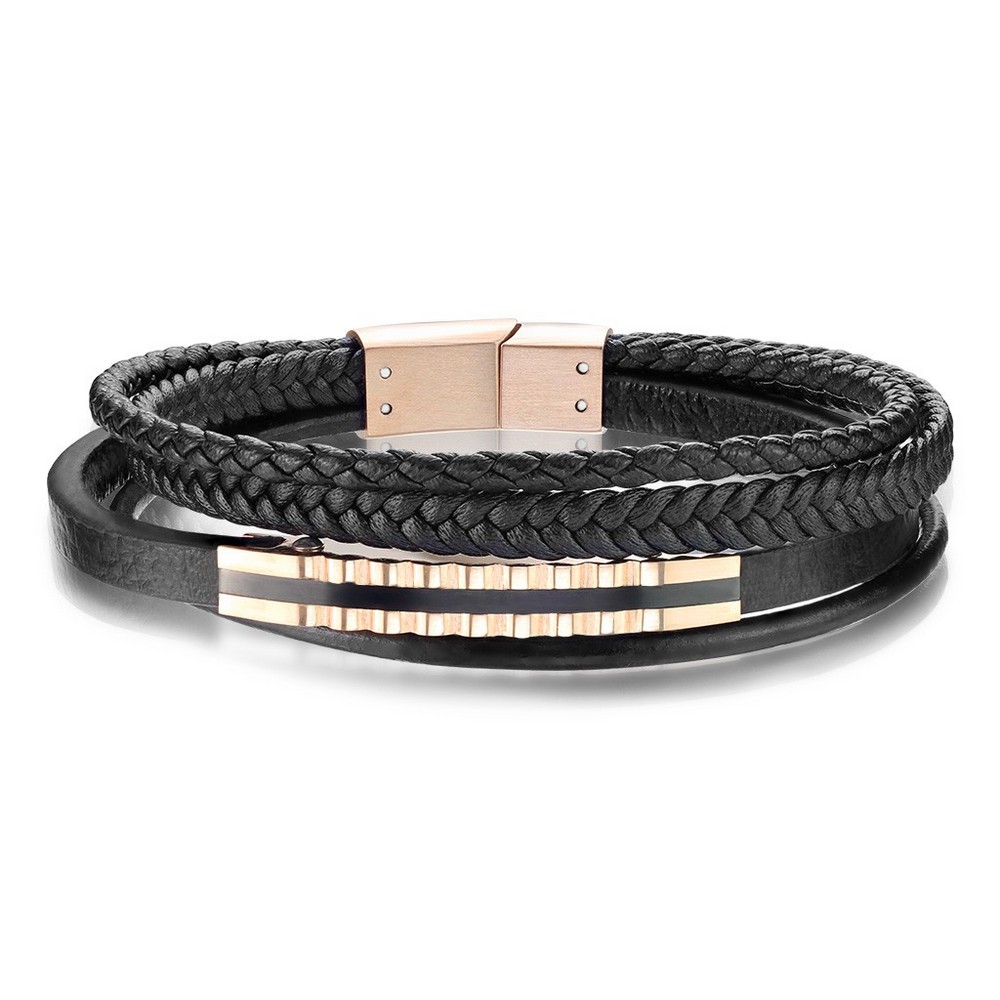 Bracelet en cuir noir de microfibres et pvd or rose acier inoxydable 