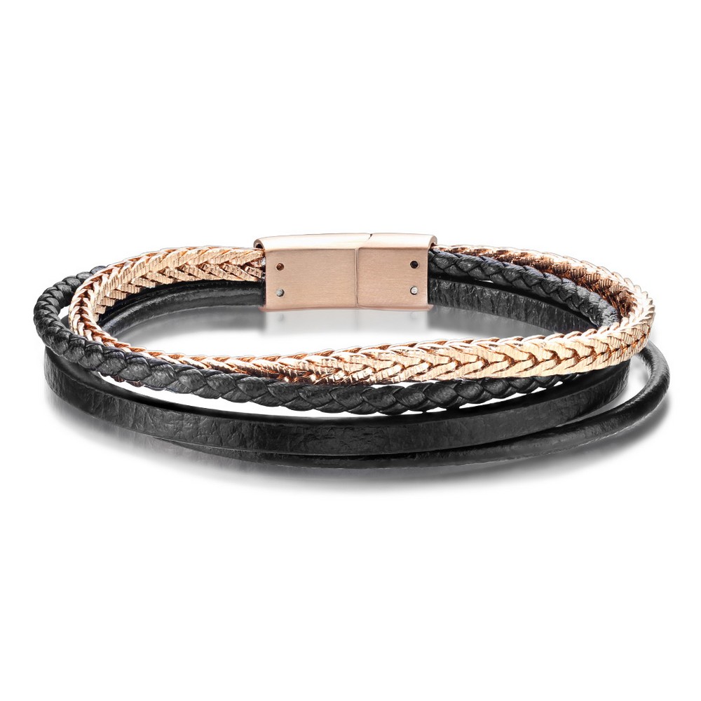 Bracelet en cuir noir de microfibres et pvd or rose chaîne en acier inoxydable 