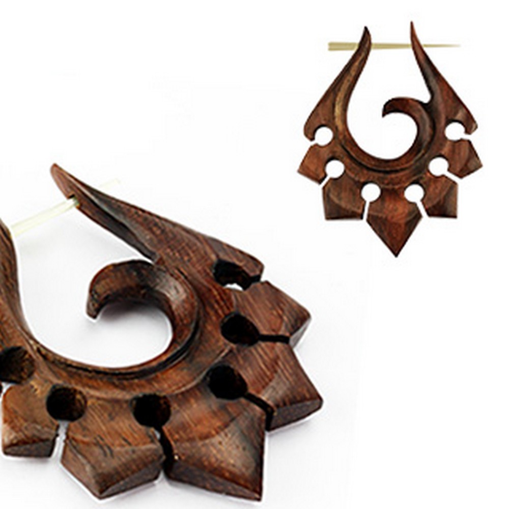 Paire de boucles d'oreille bois sculpté main organique ornement Tribal 