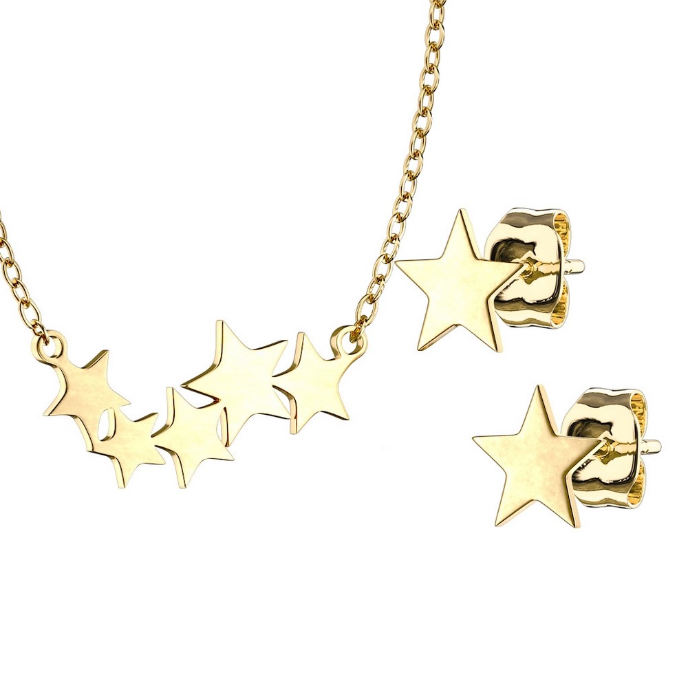 Chaine ensemble de collier et boucles d'oreille étoile en acier inoxydable - étoiles - Gold 