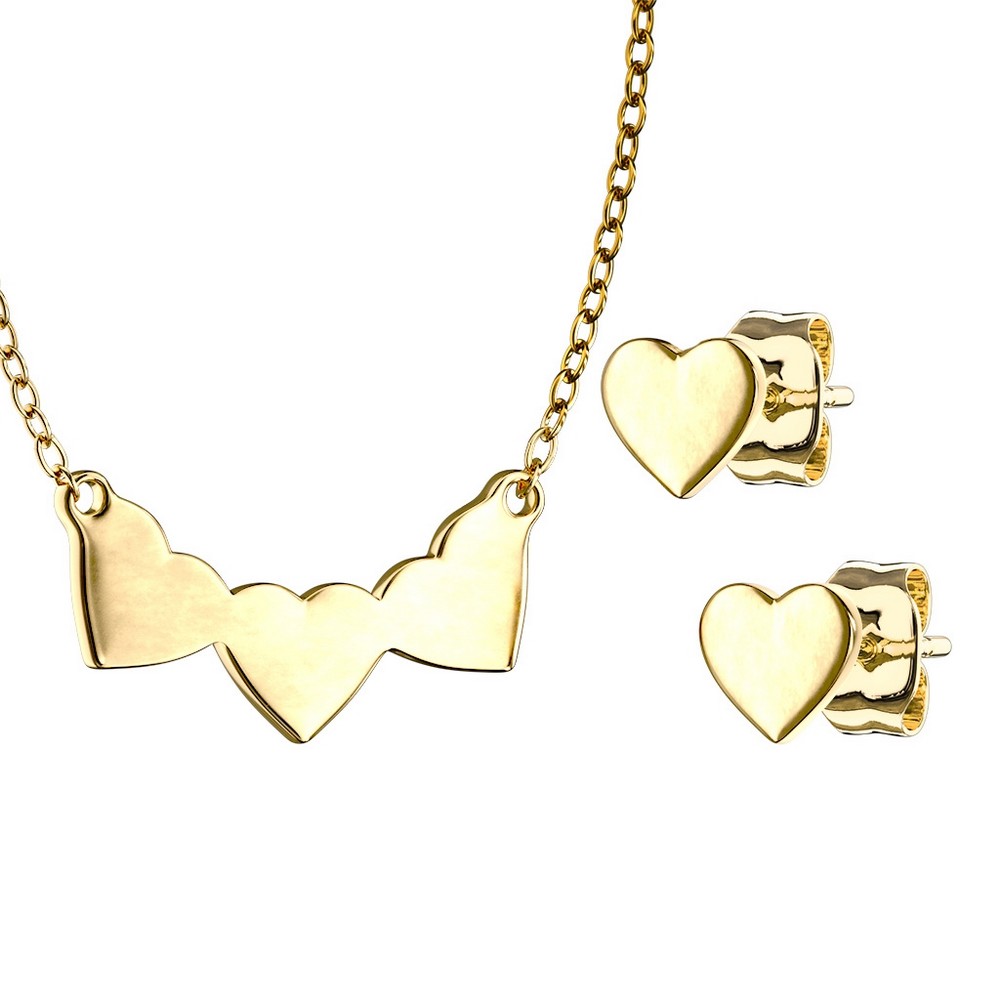 Chaine ensemble de collier et boucles d'oreilles coeur acier inoxydable anneaux goujon et chaîne pendentif triple cœur - Gold 