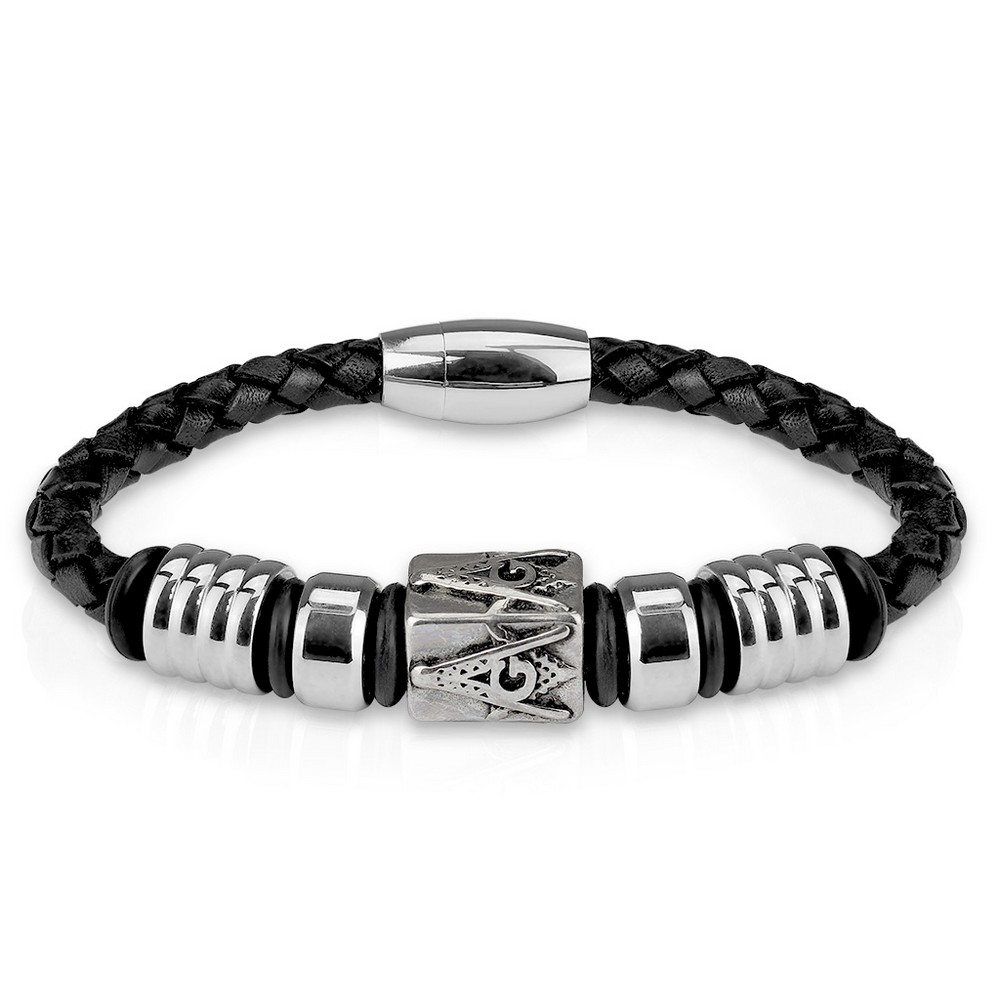 Bracelet En cuir pour hommes noir et en acier inoxydable , signe maçonnique Centre et fermoir magnétique