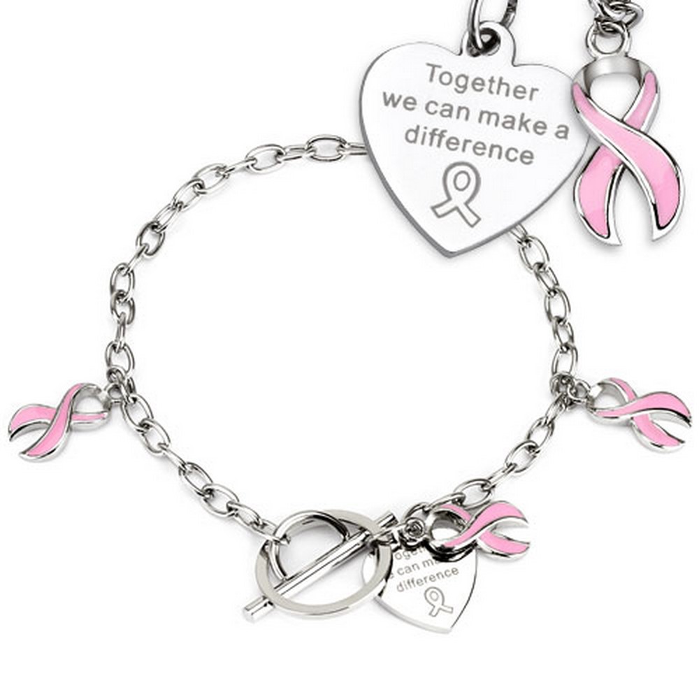 Bracelet sensibilisation au cancer ruban rose Charms sur chaîne en acier inoxydable