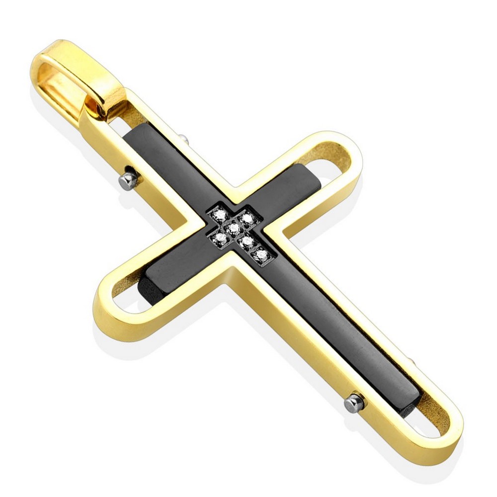 Pendentif ip noir et or croix avec CZ en acier inoxidable 