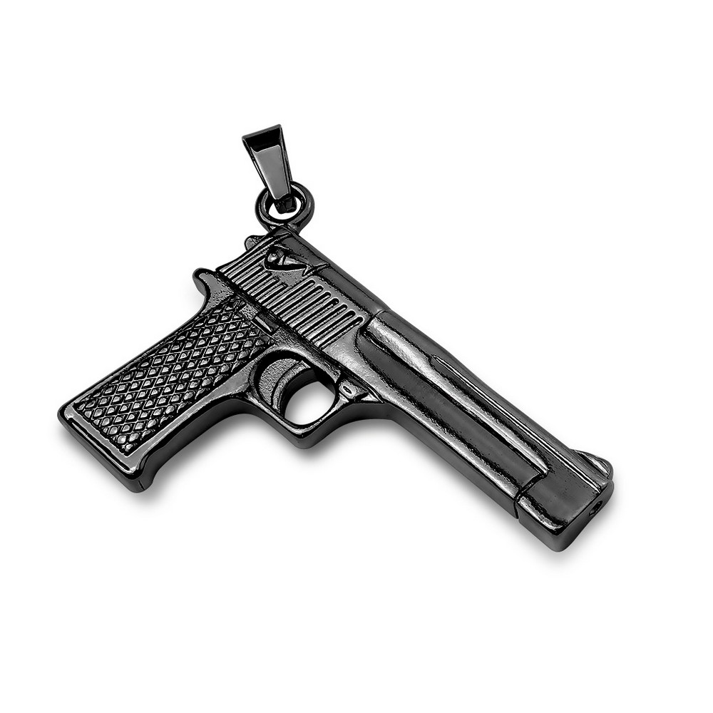 Pendentif pistolet à main couleur noir en acier inoxidable 