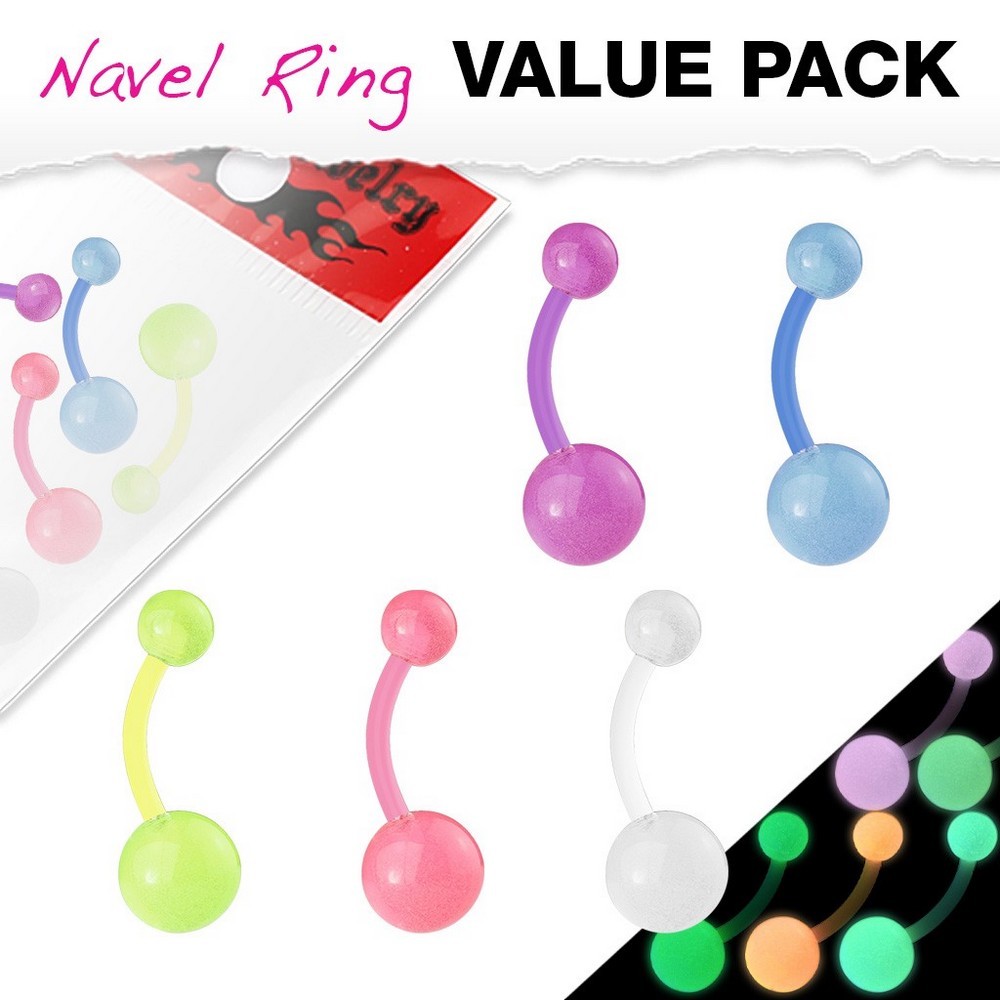Packe de 5 piercing nombril bioflex couleur avec boules brillent dans le noir 