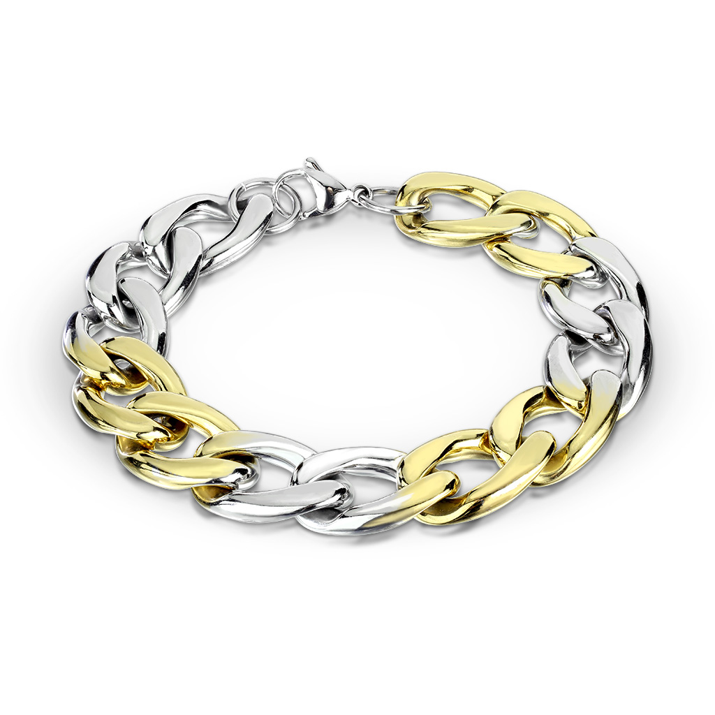 Bracelet chaîne en acier inoxydable et fermoir mousqueton avec combinaison de petits maillons et gros maillons en or