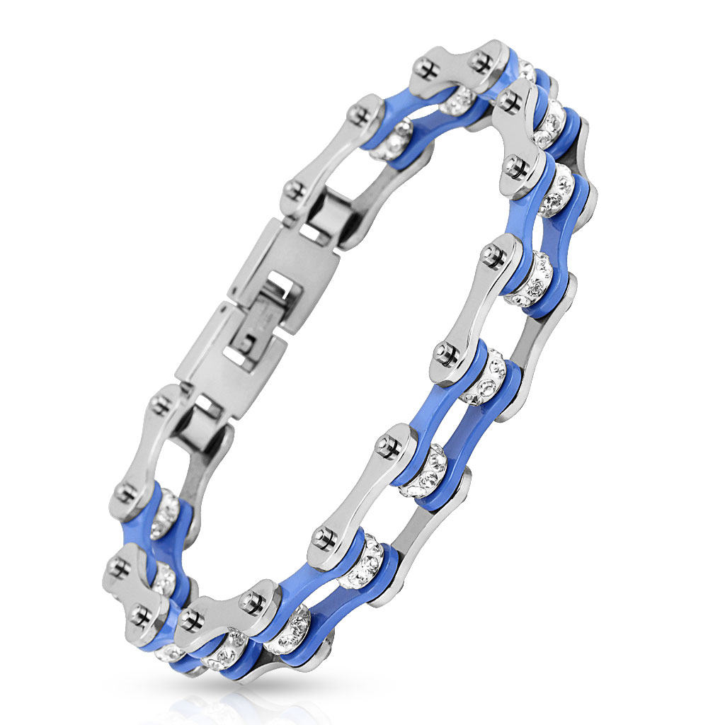 Bracelet de motard en acier inoxydable 316 L chaîne de moto avec plaque intérieure bleue 