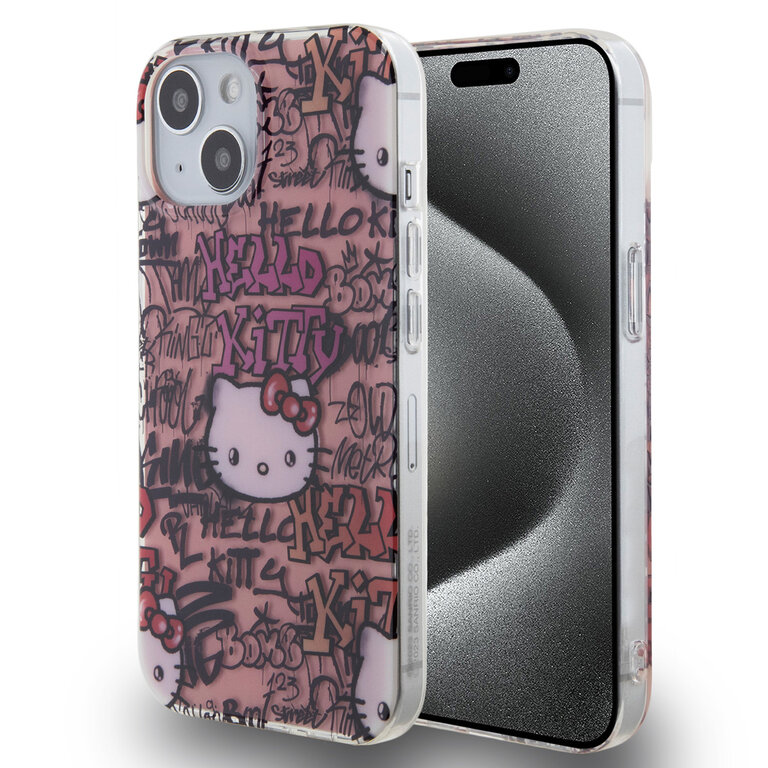 Hello Kitty Coque arrière pour iPhone 15 - Graffiti Tags - Rose