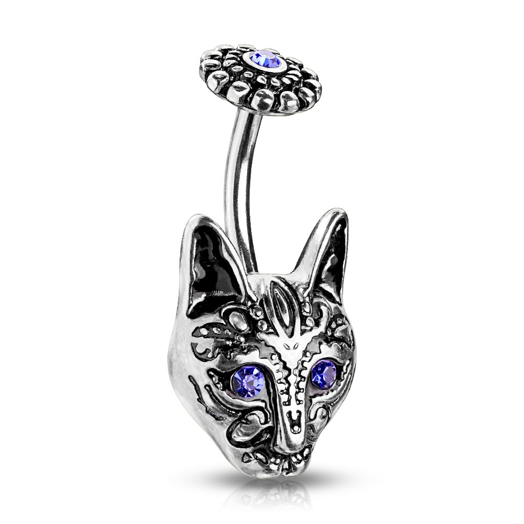 Piercing nombril chat tribal aux yeux de cristal bleu en acier chirurgical 316L