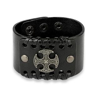 grossiste Bracelet en cuir Centre Croix celtique ronde réglable noir 