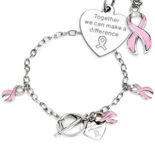 grossiste Bracelet sensibilisation au cancer ruban rose Charms sur chaîne en acier inoxydable