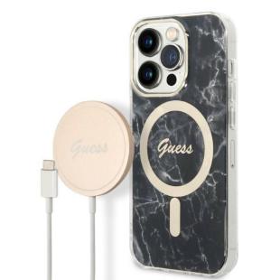 Set Guess Coque + Chargeur iPhone 14 Pro 6.1 noir/noir coque rigide Marble MagSafe