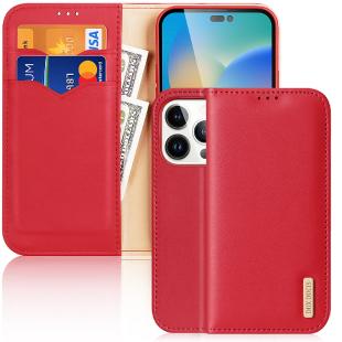 Dux Ducis Hivo Leather Flip Cover Portefeuille en cuir véritable pour cartes et documents pour iPhone 14 Pro Rouge