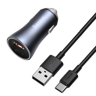 Chargeur de voiture USB rapide Baseus Golden Contacteur Pro Type C / USB 40 W Power Delivery 3.0 Charge rapide 4+ SCP FCP AFC + câble USB - USB Type C gris 
