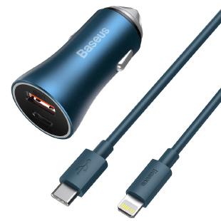 Baseus Golden Contacteur Pro Charge rapider Chargeur de voiture USB Type C / USB 40 W Power Delivery 3.0 Charge rapide 4+ SCP FCP AFC + câble USB Type C - Lightning bleu