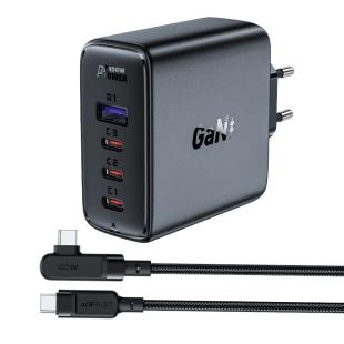 Chargeur rapide Acefast GaN 3xUSB-C/1xUSB-A 100W noir + câble coudé USB-C - USB-C 100W 2m noir