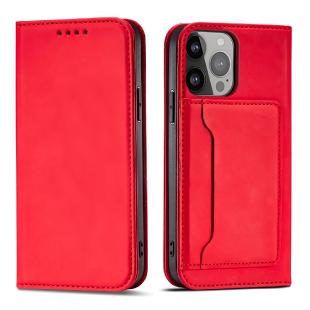 Magnet Card Coque pour iPhone 14 Flip Cover Wallet Stand Rouge