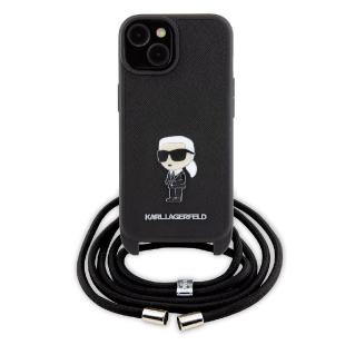 Karl Lagerfeld Coque arrière TPU pour iPhone 15 Plus - Saffiano - Ikonik Metal Pin - Crossbody - Noir